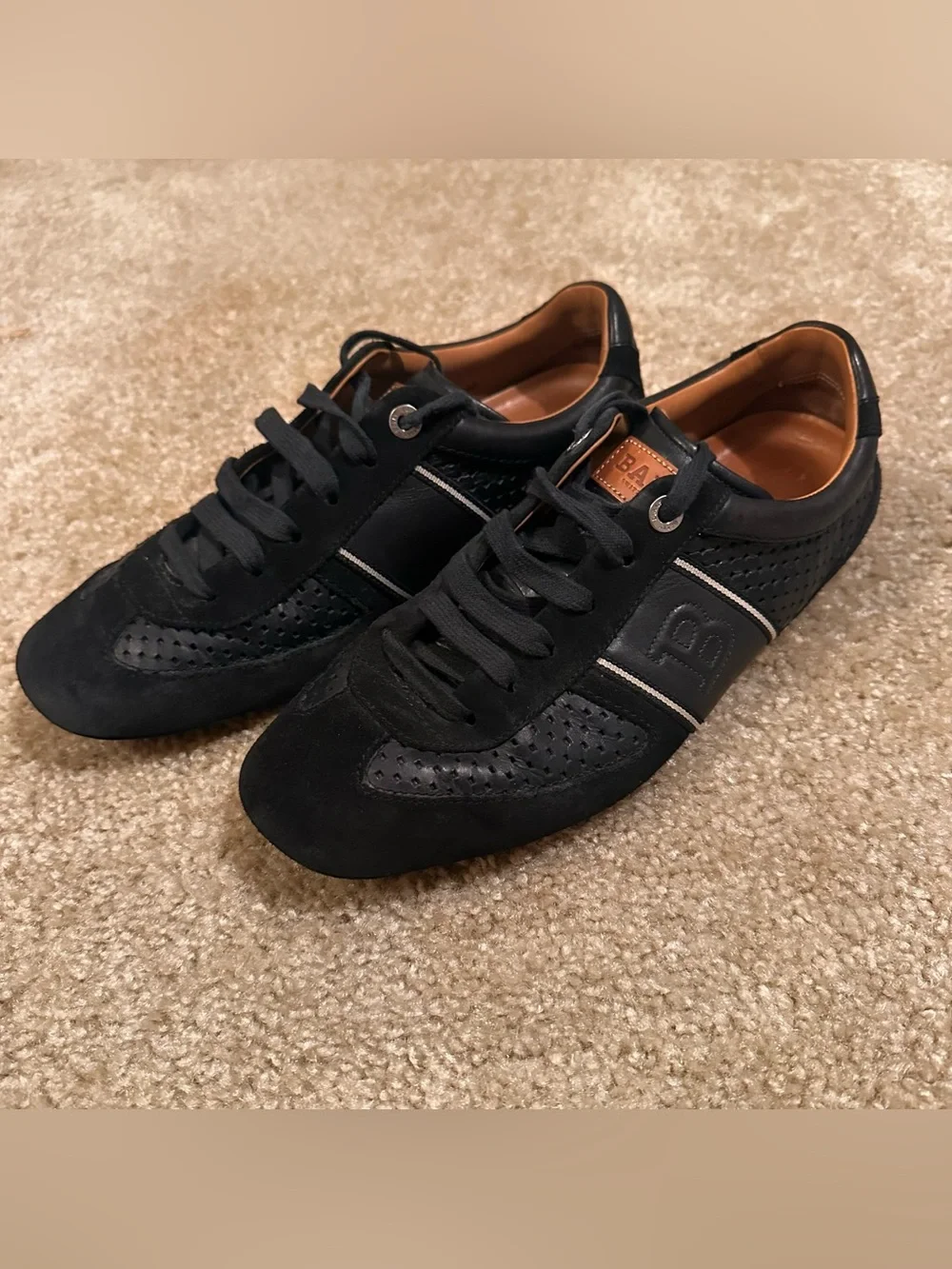 Bally Iuston Luxury Mens Sneakers Black Suede Leather Perforated US 9.5 EU 8.5